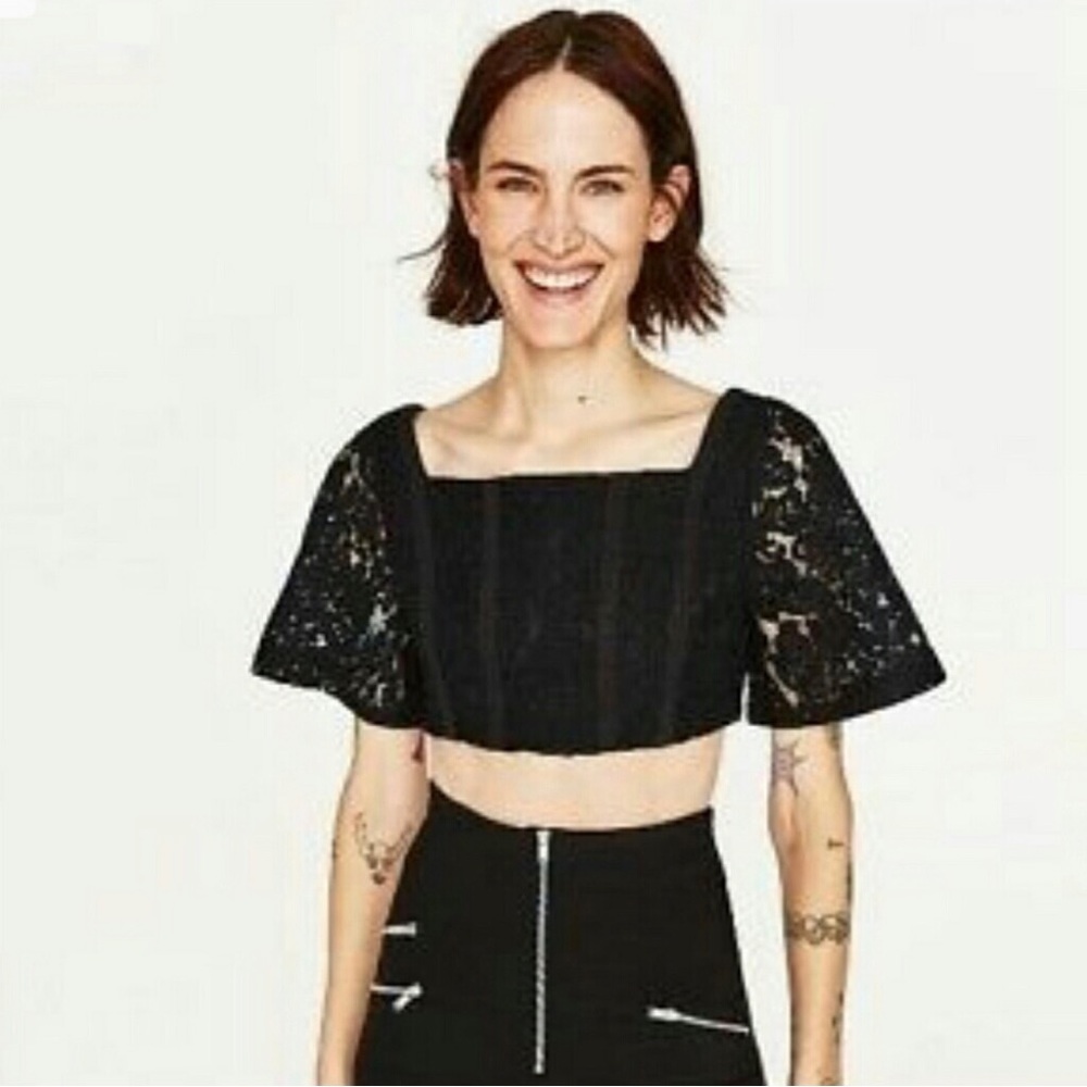 *ZARA* Black Guipure Short Sleeve Lace Crop Top